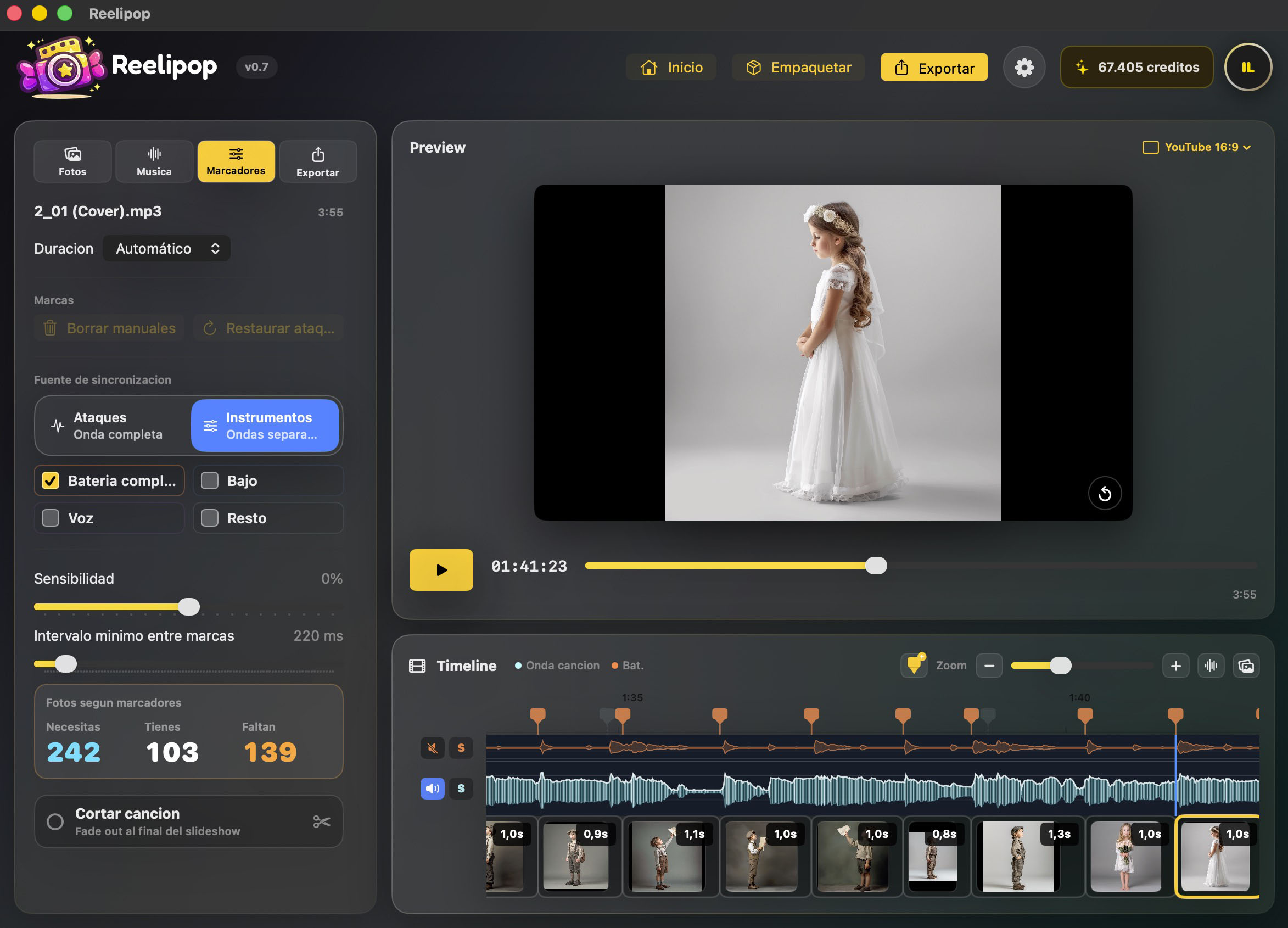 Interfaz de Reelipop con preview, marcadores de ritmo, créditos y timeline